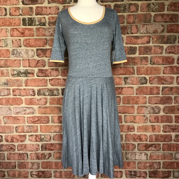 LuLaRoe Nicole Dress XL 18-20 A-Line Blue Grey with Gold Ringer New With Tags! - Picture 2 of 10